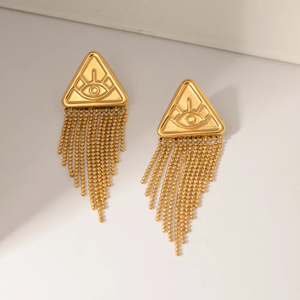 Triangular relief devil's eye design with tassel titanium steel earrings